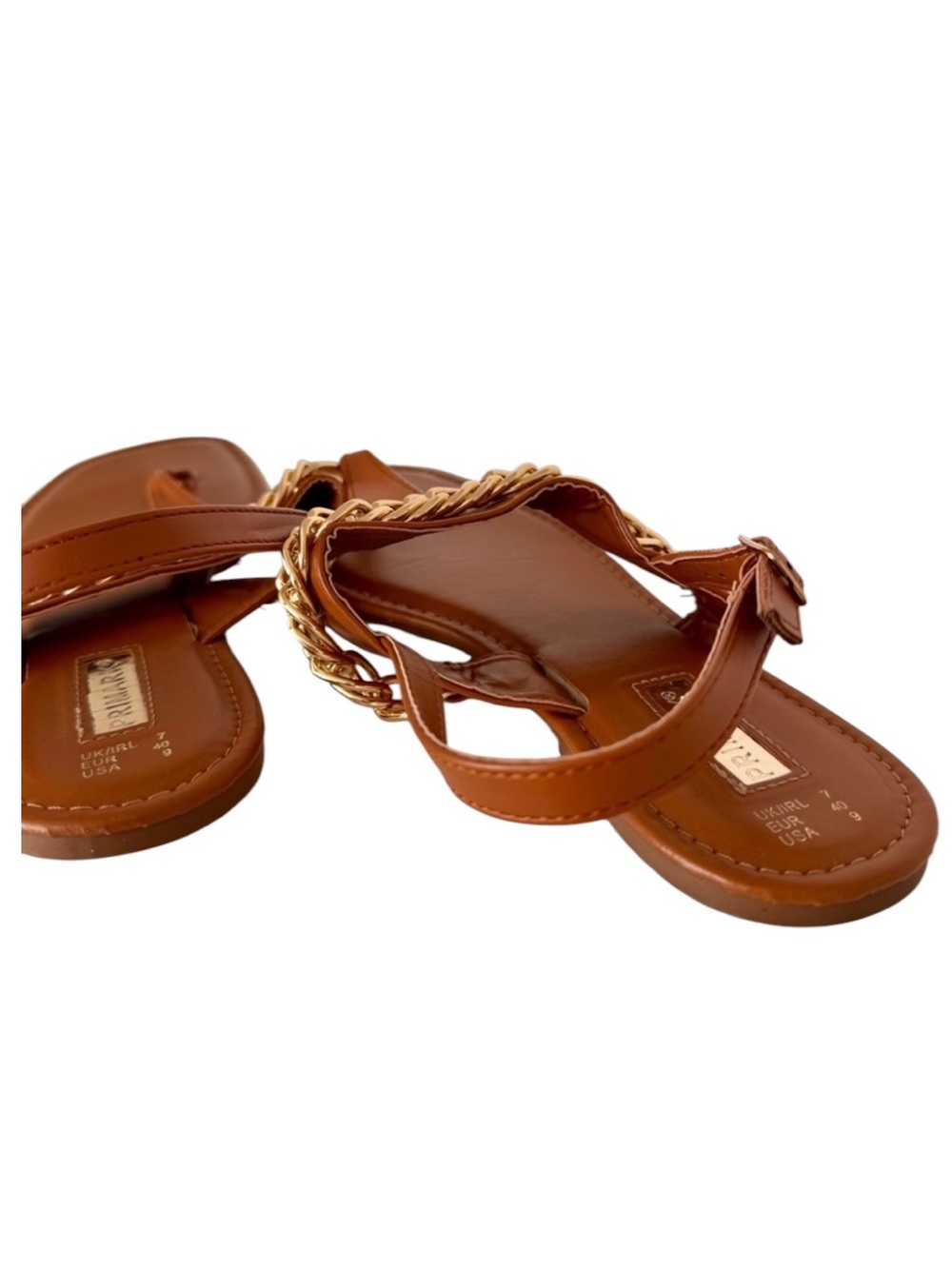 Primark Tan Gold Chain Thong Ankle Strap Flat Sandals Size 9 - Picture 5 of 6